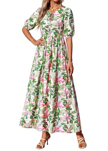 KIRUNDO Summer Dresses for Women 2026 Spring Wedding Guest Boho Floral 3/4 Sleeve Beach Vacation Cruise Flowy Maxi Dress(Green, Small) - Thumbnail 2