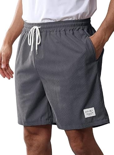 Kfnire Mens Corduroy Shorts Cotton Blend Lightweight Soft Summer Shorts Elastic Waist Beach Casual Short for Men with Pockets Darkgrey - Thumbnail 6