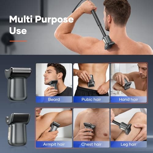 kensen Back Hair Trimmer – 2-in-1 Dual Blade (Foil + T-Blade) LED Power Display IPX6 Waterproof Type-C Fast Charging Extendable Handle for Men’s Body Grooming for Back Chest Shoulders Foot Hair - Thumbnail 5