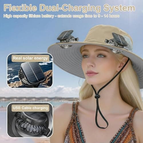 Outdoor Wide Brim Sun Hat with 2 Solar Powered Fan, Bucket Hat for Men Women, Fishing, Gardening & Beach Hat for Men, USB Charging, UPF 50+ Khaki - Thumbnail 3
