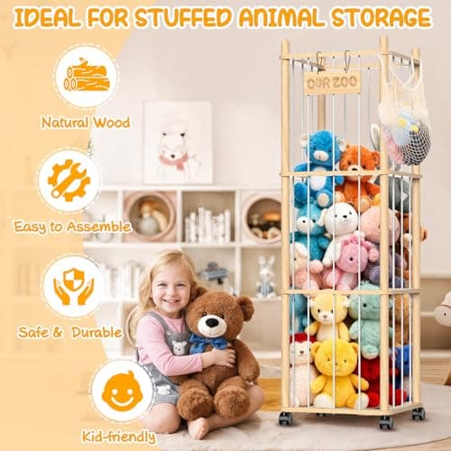 Stuffed Animal Storage Organizer, Wooden Plushies Toy Zoo Holder with Wheels, Large Capacity Storage Tower for Toys, Mobile Toy Holder Cage for Kids Playroom, Nursery, Toddler Room, 3 Tier, Natural - Thumbnail 3