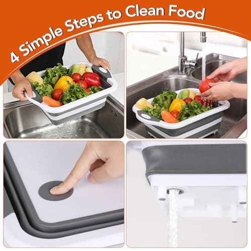 QiMH Collapsible BBQ Prep Tub, Picnic Basket with Lid Foldable Dish Basin, Washing and Draining Veggies Fruits, Food Grade Portable Cutting Board for Camping, Traveling, and Kitchen - Thumbnail 3