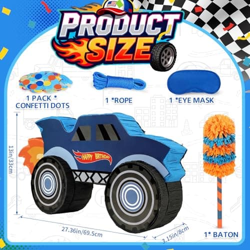 27" Race Car Piñata, Monster Truck Pinata Bundle with Blindfold and Bat Party Favors for Kids Boys Exciting Party Games Supplies - Thumbnail 5