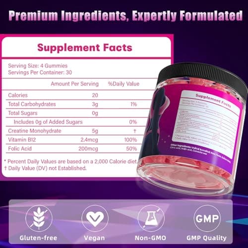 CNDANTING Creatine Gummies for Women 5000mg - Monohydrate Creatine Gummies, B12 & Folic Acid. Vegan Strawberry Flavor for Glute Shaping & Leg Toning. Bloating Free Muscle Recovery & Energy, 120 Count - Thumbnail 5