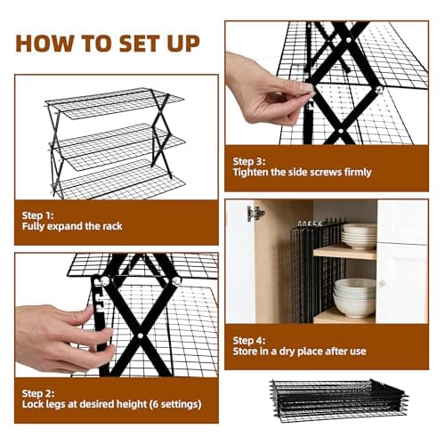 3 Tier Collapsible Cooling Rack with Adjustable 6 Setting Design stackable wire rack for baking sheet for Cookies Baking Gifts for Women (Black, 3-Tier) - Thumbnail 5