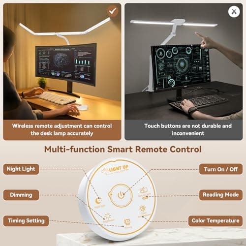 Pzloz Led Desk Lamp with Clamp: Architect Desk Lamp for Home Office, Eye Caring Double Head Computer Monitor Work Desk Light with Remote Control - 24W Flexible Dimmable Desktop Table Lamp White - Thumbnail 5