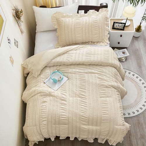 WONGS BEDDING Beige Comforter Set Full, 3 Pieces Ruffle Shabby Chic Comforter for Dorm Room Essentials for Full Bed, Soft Seersucker Bedding Set with 1 Comforter, 2 Tufted Pillowcases 90"×78" - Thumbnail 5
