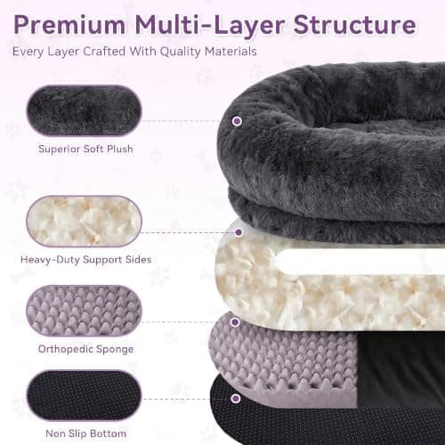 Human Dog Bed - 71''x45''x12'' Size Fits You and Pets, Washable Faux Fur Pet Bed for People Doze Off, Napping Orthopedic Dog Bed, Present Plump Pillow, Blanket, Strap - Dark Grey - Thumbnail 6