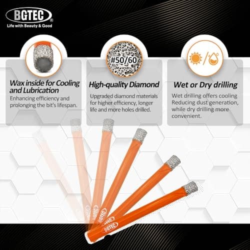 Dry Diamond Drill Bit Set,BGTEC 5pcs 1/4" 6mm Hole Saw for Granite,Marble,Masonry, Concrete, Tile/Ceramic, Glass, Hard Plastic,Vacuum Brazed Diamond Core Drill Bit Kit - Thumbnail 5