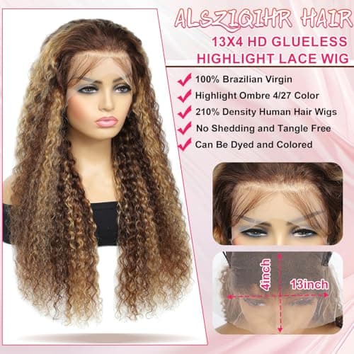 ALSZIQIHR 13x4 Highlight Ombre Lace Front Wig Human Hair Pre Plucked HD Transparent 4/27 Honey Blonde lace frontal Wigs with Baby Hair 180% Density Colored Water Wave Lace Front wig for Women 26 inch - Thumbnail 4