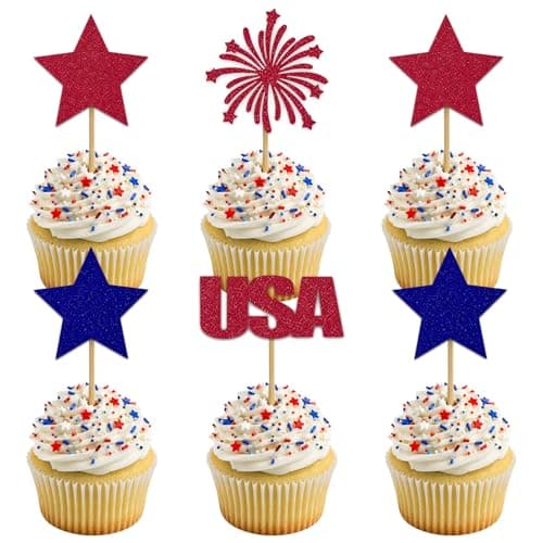 Oeyliz 4th of July Cupcake Toppers Independence Day Cupcake Toppers Patriotic Cupcake Topper 24Pcs Glitter Memorial Day Cupcake Picks Independence Day Cake Decorations for 4th of July Party Supplies - Image 1
