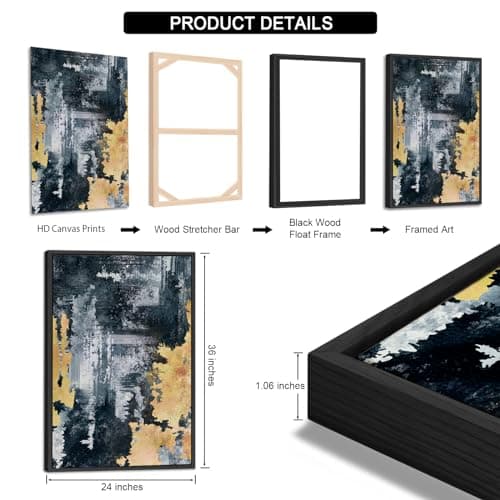 Large Framed Abstract Wall Art - Natural Frame Retro Canvas Pictures for Living Room Modern Canvas Prints Navy Blue for Bedroom, Black Float Frame Art for Home Office Kitchen Decor 24" X 36" X 3pcs - Thumbnail 5