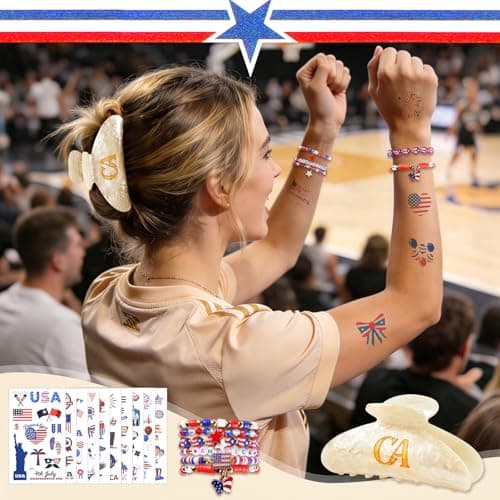 GIRLOLIIAR 4th of July Accessories for Women, Red White and Blue Outfit Bundle with Patriotic Hair Claw Clip, America Bracelets & USA Tattoos for 250th Anniversary Party Favors, Memorial Day Decor, CA - Thumbnail 4