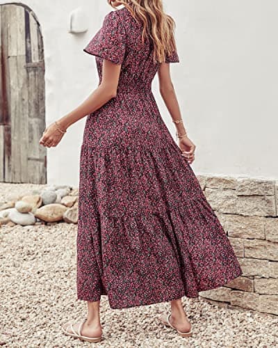 PRETTYGARDEN Women's Summer Casual Short Flutter Sleeve Round Neck Smocked Waist Tiered Boho Floral Flowy Maxi Dress(Floral Black and Red,XX-Large) - Thumbnail 4