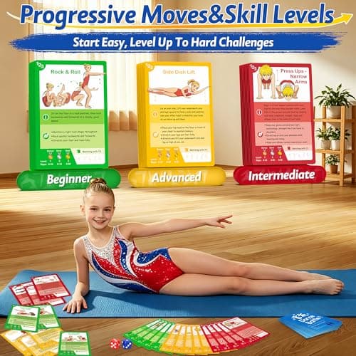 Gymnastics Card Games Equipment for Kids: 70+ Fun Basic Skills Cards for Boys Girls Beginners Gymnastics Birthday Gifts for 4 5 6 7 8 9 10+ Year Old Family Fitness Cards Workout for Indoor Outdoor Use - Thumbnail 4