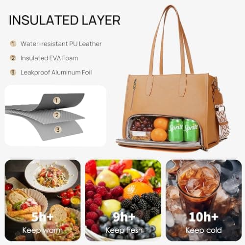 buyborgood Women’s Large leather Work Tote Bag with 14" Laptop Compartment Insulated Lunch Box, Light Brown - Thumbnail 4