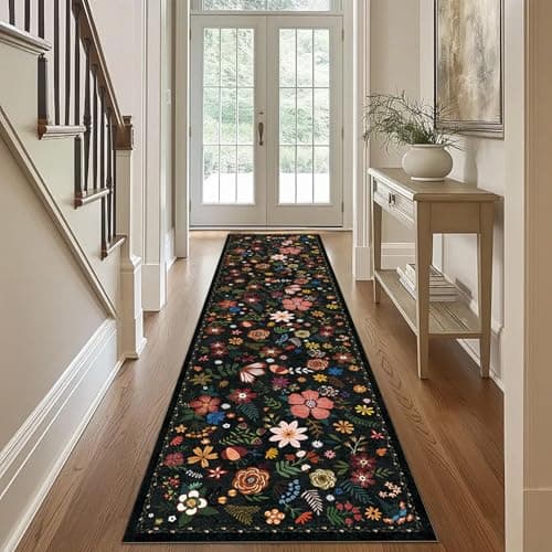 HiChiclife Runner Rug, Floral Rug, Long Rug for Hallway Kitchen,2'x 8',Black