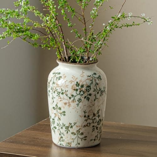 Vintage Pastoral Green and Beige Vase, Round Ceramic Floral Vases, Retro Ice Cracked Chinoiserie Vase for Home Decor, Living Room, Bookshelf, Office, Rustic Table Centerpiece 7.8 Inch - Image 1