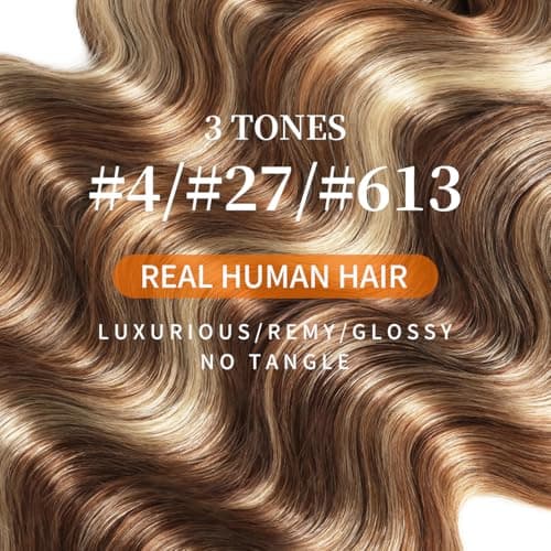 Highlight Bundles Human Hair Body Wave Virgin Hair Extensions With Brown/Blonde 3 Tones Highlights 3 Bundles/Pack 16 18 20 Inch 100g/Bundle - Thumbnail 3