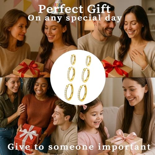 Moissanite Titanium Huggies Hoop Earrings for Women Men, Gold, 3 Pairs - Thumbnail 6
