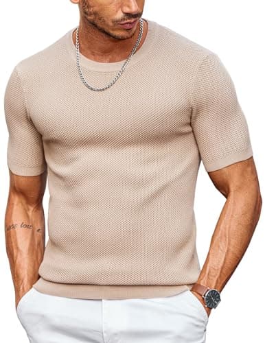 COOFANDY Mens Knit T Shirts Crewneck Dress Shirts Short Sleeve Under T Shirt Summer Resort Wear Khaki - Image 1