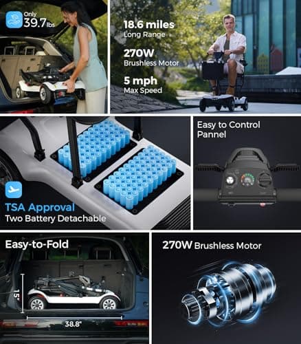PAISEEC Ultra Lightweight Mobility Scooter for Adults, Electric Powered Mobility Scooter, 39.7 lbs Folding Design with 2 Lithium Batteries, Travel up to 18.6 Miles Airline Approved-White - Thumbnail 2