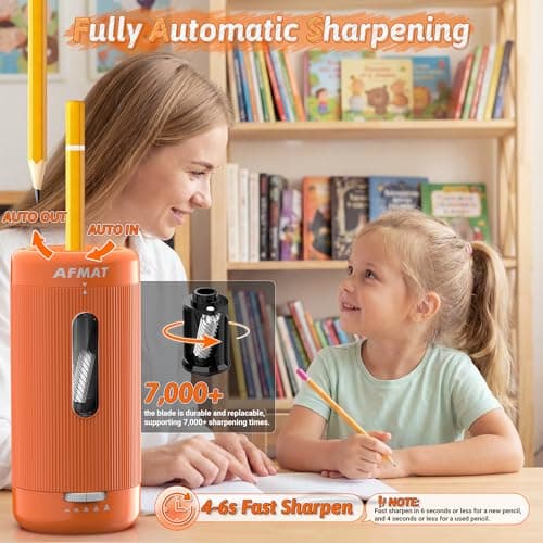 AFMAT Electric Pencil Sharpener, Auto in & Out, 5 Nibs, 7K+ Uses, Fully Automatic Pencil Sharpener for Classroom, Rechargeable Hands-Free Sharpeners for Jumbo/Colored Pencils (φ6.5-12mm) PSC3(Orange) - Thumbnail 2