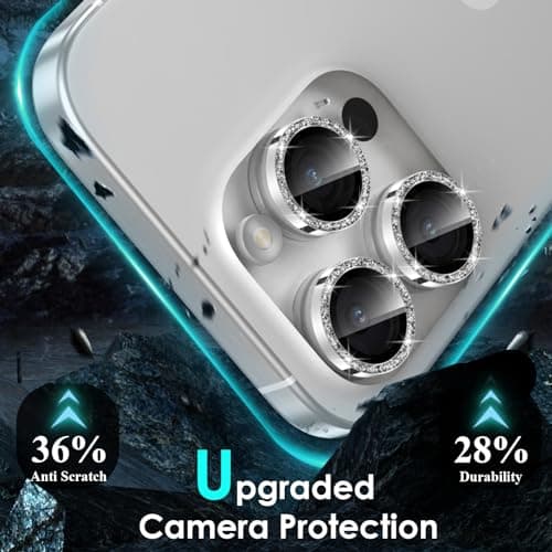 YWXTW Designed for iPhone 15 Pro/iPhone 15 Pro Max Camera Lens Protector Bling, [New Glitter Design] Individual Metal Tempered Glass Camera Cover Accessories Case Friendly (Silver Titanium Glitter) - Thumbnail 3