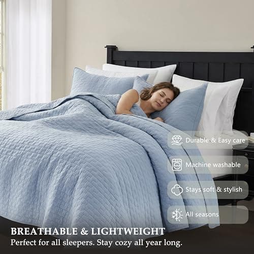 palassio Baby Blue 100% Cotton Quilt California Cal King Size Bedding Sets with 2 Pillow Shams, Textured Oversized Lightweight Bedspread Shabby Chic Coverlet, Soft Bed Cover for All Season, 3 Pieces - Thumbnail 5
