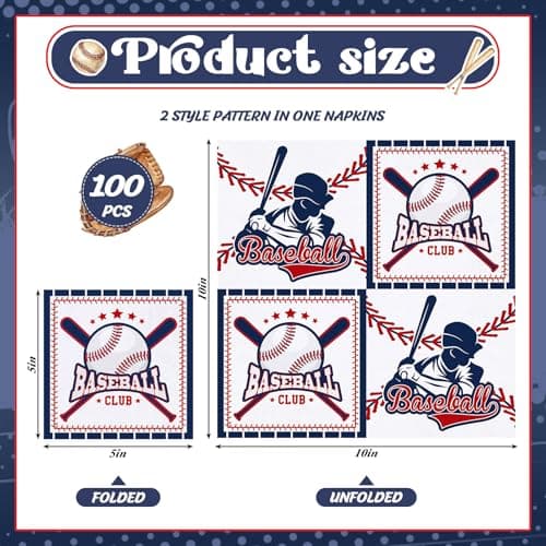 NatNarr 100 Pcs Baseball Napkins, 2-Ply Baseball Cocktail Napkins with 2 Different Pattern Baseballs Birthday Party Decorations for Sports Party, Baseballs Themed - Thumbnail 2