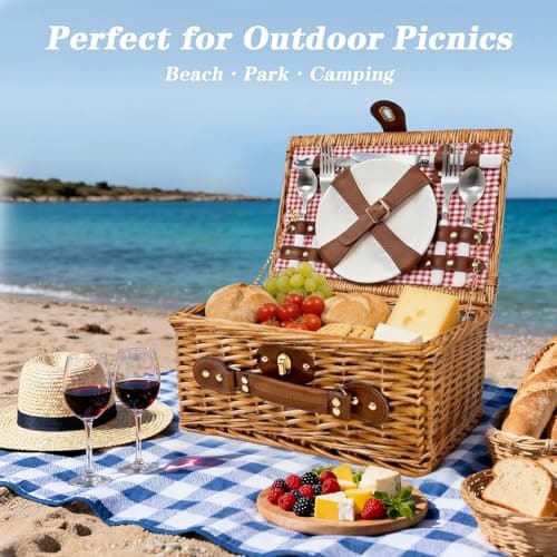 Picnic Basket for 2 - Picnic Basket with Cutlery Kit and Glasses, Insulated Picnic Set with Waterproof Liner, Portable Wicker Picnic Baskets with Lid and Handle for Outdoor, Picnic, Camping, Holidays - Thumbnail 6