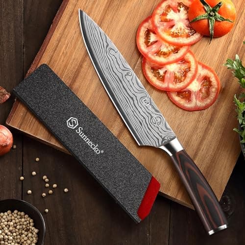 Sunnecko 8 Inch Chef Knife - Ultra Sharp 12-15 Degree Edge Kitchen Knife for Meat Vegetable Cutting Japanese Style, High Carbon Stainless Steel Blade, Pakkawood Handle &Sheath, Cooking Father Day Gift - Thumbnail 5