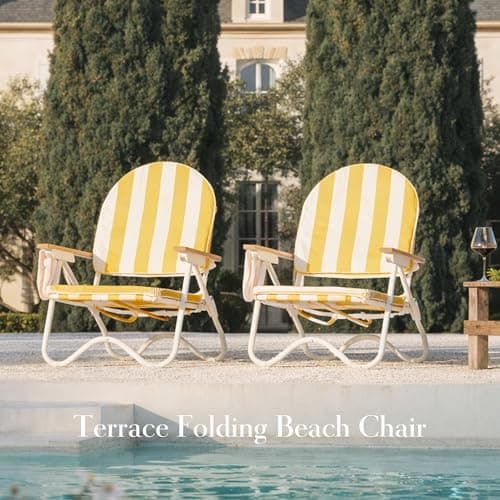 DEER LAND Padded Low Beach Chair, 4-Position Folding Outdoor Chair with Wooden Armrests, Cushioned Seat, Storage Pouch & Carry Strap for Beach, Patio and Lawn, Cala Serena Ochre Stripe - Thumbnail 3