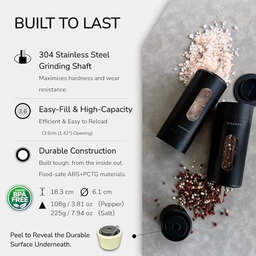 Aurevit Salt And Pepper Grinder Set Manual, Salt And Pepper Mill With Ceramic/Stainless Steel Core, External Adjustable Coarseness, Refillable, Durable (2 Packs, Black) - Thumbnail 6