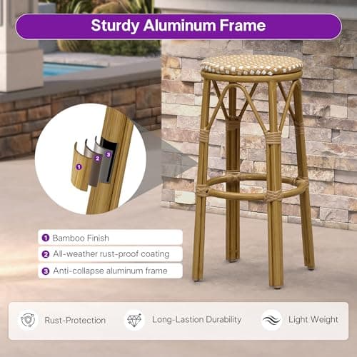 PURPLE LEAF Outdoor Round Bar Height Stool Set of 2 Patio Backless Barstools Aluminum Frame in Bamboo Finish with Amber & White Woven Rattan for Indoor Kitchen Dining Bistros Cafe Restaurant - Thumbnail 4