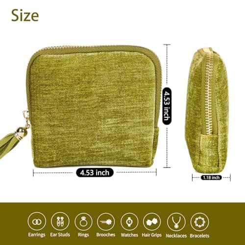 ASINGYER Travel Jewelry Storage Bag for Women, Velvet Portable Jewelry Organizer with Tassel Zipper, Small Pouches for Bracelets Necklaces Rings Earrings, Wedding Gift for Women (Green) - Thumbnail 6