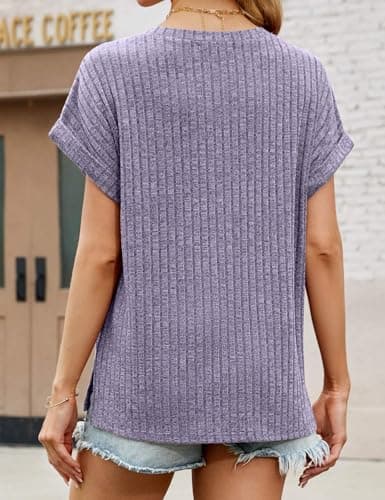 JUSTFASHIONNOW Summer Tops for Women Trendy Short Sleeve V Neck T Shirts 2026 Fashion Basic Tees Dressy Casual Vacation Outfits Purple S - Thumbnail 5
