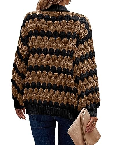 KIRUNDO Women's Cable Knit Sweater Cardigan Open Front Chunky Fall Long Sleeve Color Block Stripe Casual Soft Cardigan Sweater Fall Clothes 2026(Camel, Large) - Thumbnail 2
