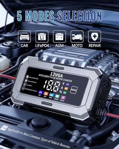 Car Battery Charger Automatic Trickle Charger and Battery Maintainer with Pulse Repair Digital Display Trickle Charger for Car Battery 12V6A Auto Battery Charger for AGM Motorcycle LiFePO4 Batteries - Thumbnail 2