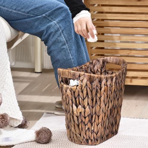 FairyHaus Wicker Waste Basket with Handle, Hand-Woven Water Hyacinth Trash Can for Bathroom Bedroom, Brown Wicker Storage 13 x 7.5 x12.2 - Thumbnail 2