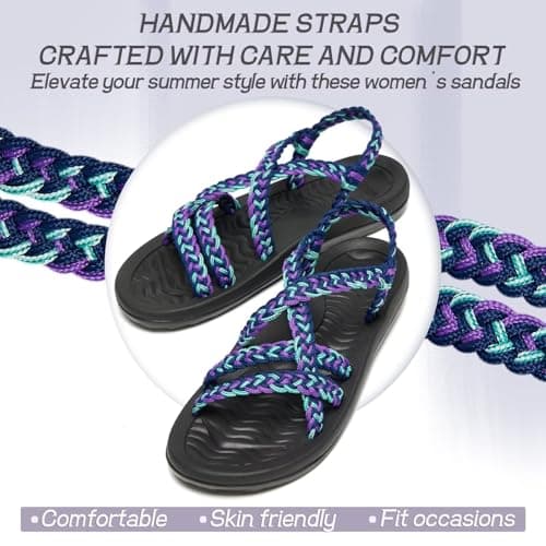 MEGNYA Comfortable Womens Walking Shoes for Supportive, Soft Hand-Woven Strap Sandals for Foot and Heel Pain, Wadable Slide Sandals for Summer Beach Boating Purple Blue Size 6.5 - Thumbnail 4