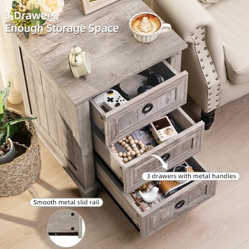 Joaxswe Farmhouse Night Stand Set of 2, 18" End Table with 3 Drawer Metal Handle, Dresser for Bedroom, Sofa Bed Side Table Chest of Drawers,Wood Nightstand Cabinet for Organizer, Living Room-Oak - Thumbnail 6
