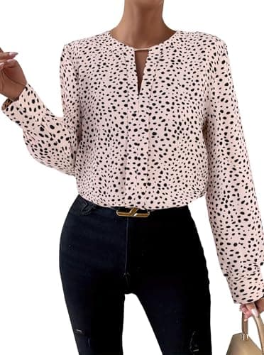 SOFIA'S CHOICE Work Tops for Women Business Casual Long Sleeve Dressy Blouse Corporate Outfits Shirts Black Beige Dot X-Large - Thumbnail 2