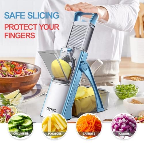 QYKIC Upgrade Safe Mandoline Slicer for Kitchen, Vegetable Chopper and Slicer, Potato Slicer Thickness Adjuster, French Fry Cutter, Veggie Onion Dicer Faster Kitchen Mandolin for Meal Prep - Thumbnail 3