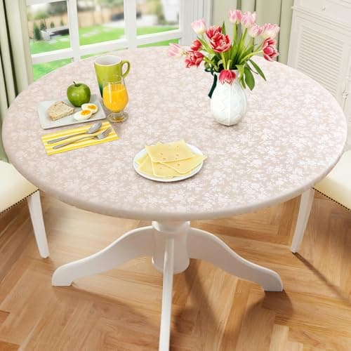 Smiry Round Picnic Tablecloth, Elastic Waterproof Fitted Heavy Duty Vinyl Tablecloths for 45"-56" Tables, Wipeable Washable Table Cover for Kitchen, Dining, Camping, Outdoor, Beige