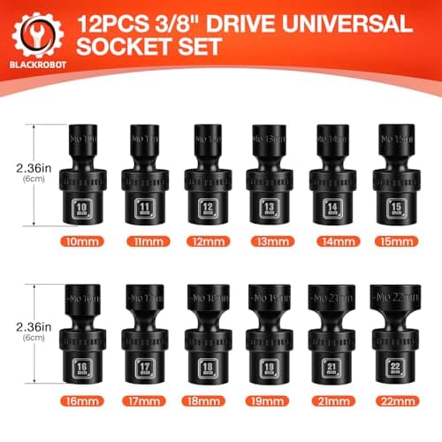 BLACKROBOT 3/8" Drive Shallow Universal Impact Socket Set, 12PCS 6 Point Metric Swivel Socket set(10-22mm), CR-MO Steel, Includes Storage Rail - Thumbnail 2
