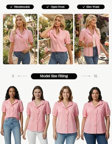 GRACE KARIN Women's 2026 Summer Short Sleeve Tops, Dressy Casual V Neck Blouses, Trendy Button Down Shirts Work Office Pink M - Thumbnail 2