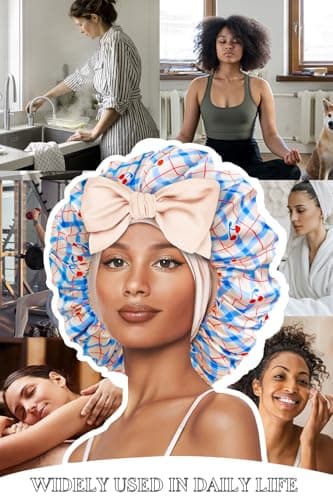 Vettres Hair Bonnet for Sleeping Satin Lined Sleep Cap Double Layer Silk Head Wrap for Curly Natural Hair Cherry Blue - Thumbnail 6