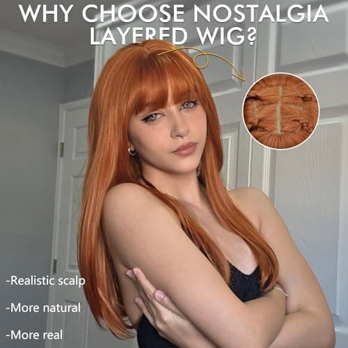 NOSTALGIA Ginger Wig with Bangs for Women, 20 Inch Layered Hairstyle with 4x4 Realistic Scalp,Free Parting,Heat Resistant for Daily Party Cosplay Use - Thumbnail 2