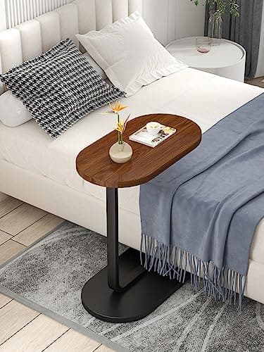 C Shaped Side Table, Modern C Shaped End Table for Small Spaces, Small Couch Side Tables That Slide Under, Wood Coffee Table for Sofa and Bed, 18”L X 12”W Tabletop (Walnut+Black) - Thumbnail 6